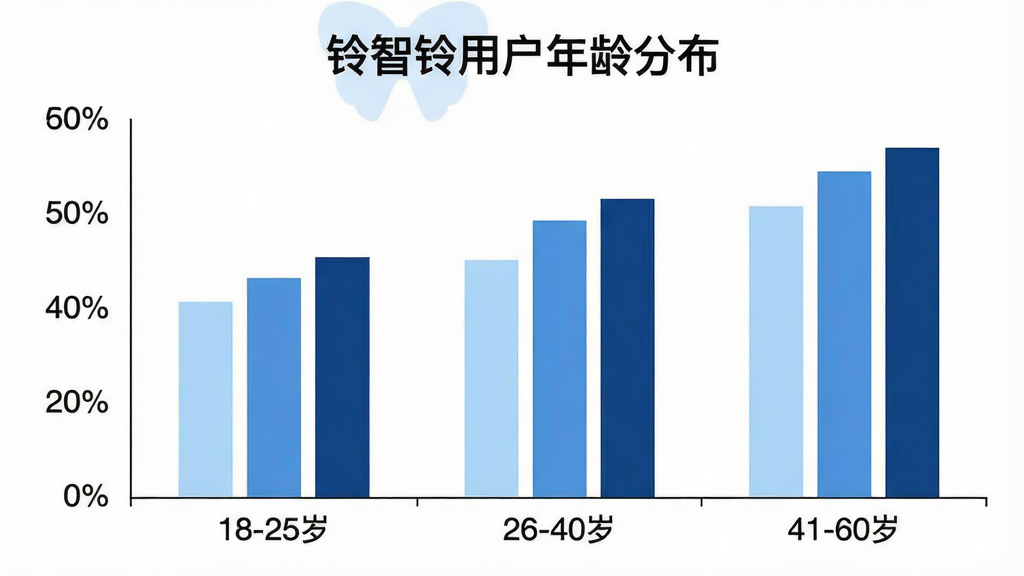 生图提示词:一张柱状图,横轴标注年龄分段“18-25岁”“26-40岁”“41-60岁”,纵轴标注用户占比百分比,柱子颜色分别为浅蓝、中蓝、深蓝,图表上方有“铃智铃用户年龄分布”标题,背景白色,风格简洁数据可视化,画质干净