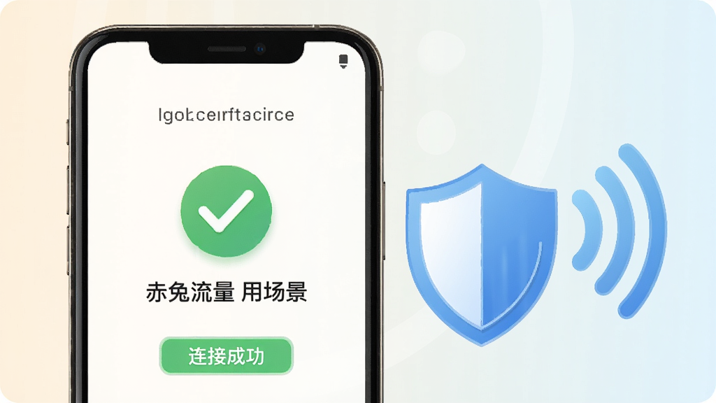 赤兔流量使用场景示意图,手机屏幕显示连接成功界面,旁边有盾牌图标和网络信号波纹,背景为浅色渐变,风格简洁明快,画质干净清晰,无多余元素
