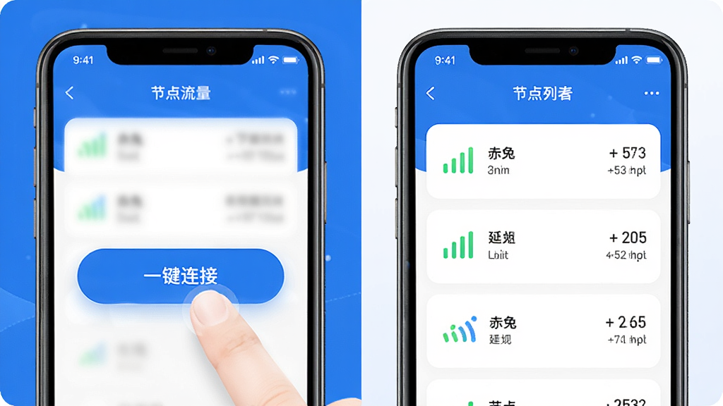 赤兔流量功能展示图,画面分为左右两部分,左侧显示手机界面中一键连接按钮被按下,右侧展示节点列表界面,有信号强度图标和延迟数值,整体风格简洁科技感,蓝白色调,画质干净清晰,无多余装饰