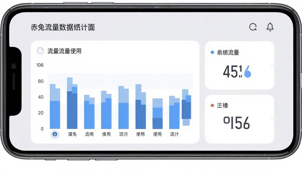 赤兔流量数据统计界面展示,手机屏幕显示流量使用柱状图和数字统计,界面简洁明了,背景为浅灰色,图表颜色为蓝色系,风格现代扁平,画质清晰,无杂乱元素