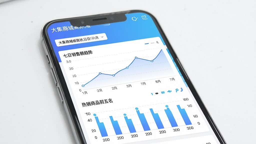 一张展示“大集商城商家版”数据分析看板的图片,手机屏幕上是折线图和柱状图组合的数据面板,折线图显示近七日销售额趋势,柱状图显示热销商品前五名,顶部有日期筛选按钮,整体配色为蓝白渐变,图表清晰易读,背景干净无杂物