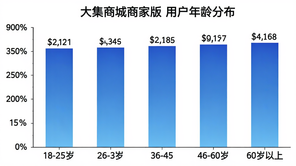 一张柱状图展示“大集商城商家版”用户年龄分布,横轴为年龄段18-25岁、26-35岁、36-45岁、46-60岁、60岁以上,纵轴为用户占比百分比,柱状图颜色为渐变蓝色,图表标题清晰,背景白色干净,数据标签直接显示在柱子上方