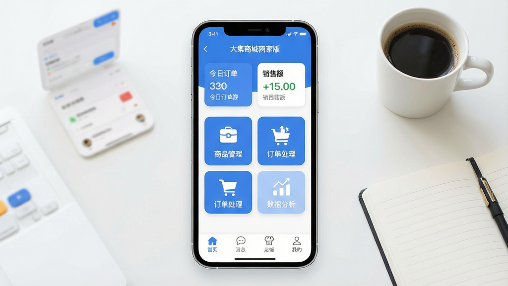 一张展示手机店铺管理应用界面的场景图,画面中央是一部智能手机,屏幕上显示着“大集商城商家版”的后台首页,顶部是今日订单数和销售额的卡片,中间是商品管理、订单处理和数据分析三个大图标按钮,底部导航栏有首页、消息、店铺和我的四个选项,背景是干净的桌面,旁边放着一杯咖啡和一个笔记本,整体风格现代扁平化,色彩以蓝色和白色为主,细节圆润清晰,画质干净无多余元素,文字标签明确,布局整洁
