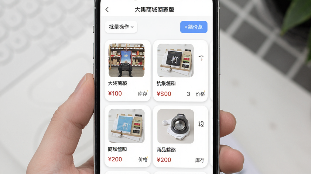 手机屏幕上显示“大集商城商家版”的商品管理列表界面,列表中有多个商品卡片,每个卡片包含商品图片、名称、价格和库存数字,顶部有批量操作按钮,界面以白色背景为主,商品卡片带有圆角阴影,风格简洁现代,画质清晰干净
