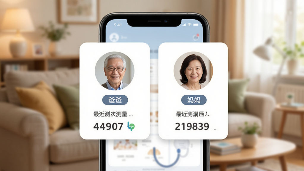 手机测血压应用的多用户管理界面,手机屏幕显示两个用户头像卡片,分别标注着爸爸和妈妈的标签,每个卡片下方有最近一次测量的血压数值,背景是温馨的家庭客厅场景虚化处理,风格亲切柔和,画质清晰,无多余元素