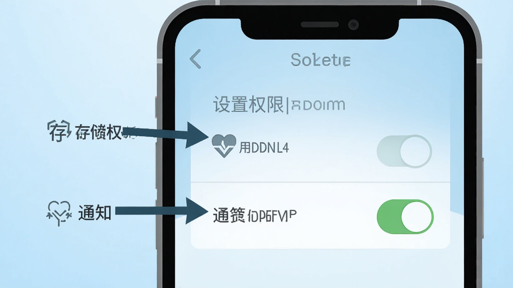 手机测血压应用的使用指南示意图,画面中一部手机屏幕显示着设置权限的界面,旁边有箭头指向存储权限和通知权限的开关,背景是浅蓝色渐变,风格扁平化教学图示,画质干净清晰,无多余元素