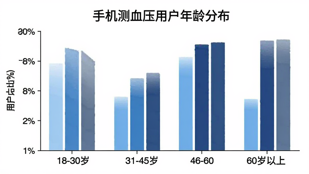 手机测血压用户年龄分布柱状图,横轴为18-30岁、31-45岁、46-60岁、60岁以上四个年龄段,纵轴为用户占比百分比,柱状图颜色分别为浅蓝、中蓝、深蓝、灰蓝,图表标题为手机测血压用户年龄分布,背景白色,风格简洁数据可视化,画质干净,无多余元素
