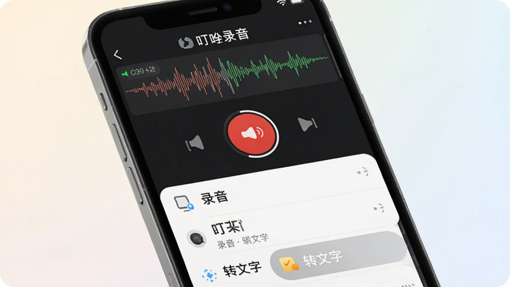 一张展示叮咚录音软件核心界面的手机样机图,画面中央是叮咚录音的主界面,顶部显示录音时长和波形图,中间是醒目的红色录音按钮,下方排列着录音文件列表和转文字功能入口,背景为浅色渐变,风格简洁现代,画质干净清晰,无多余元素