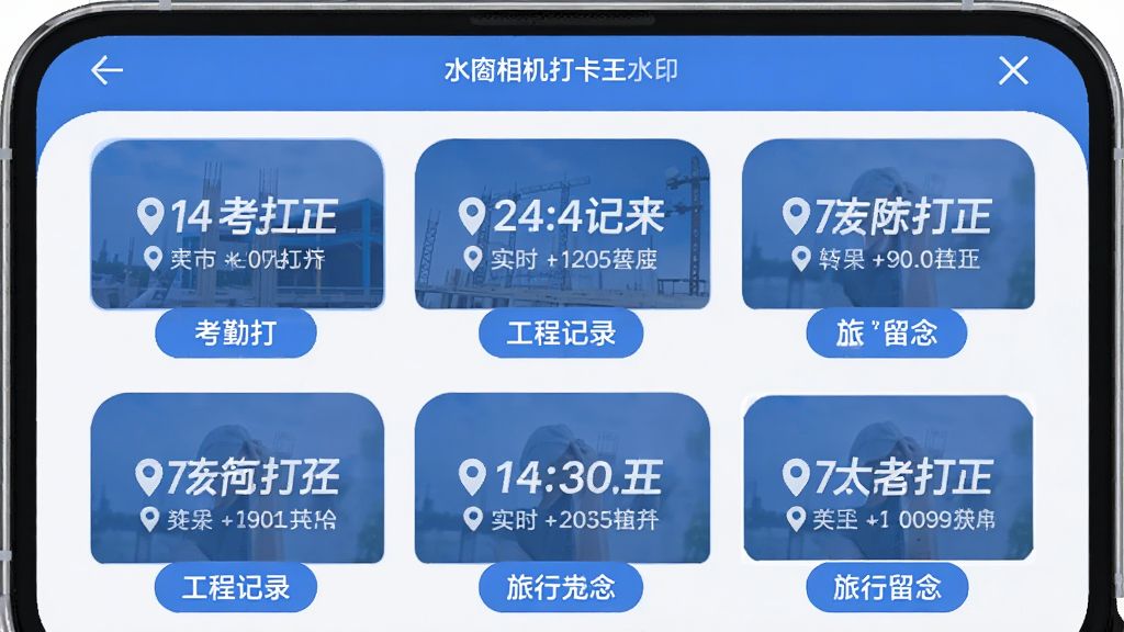 水印相机打卡王水印模板选择界面,手机屏幕显示多个水印样式缩略图以网格排列,包含考勤打卡、工程记录、旅行留念等标签,每个缩略图上都有实时时间地点文字叠加,界面以蓝白色调为主,图标圆润,布局清晰,风格简洁实用,画质干净无多余元素
