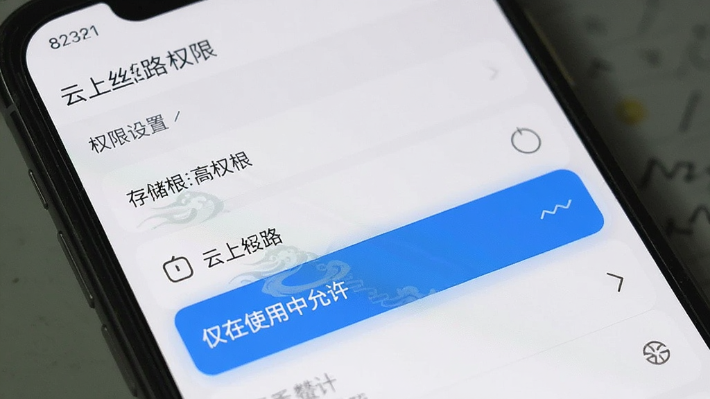 手机屏幕展示“云上丝路”应用的权限设置界面,列表中存储权限高亮显示为“仅在使用中允许”,背景为系统设置页风格,界面干净,画质清晰,布局简洁
