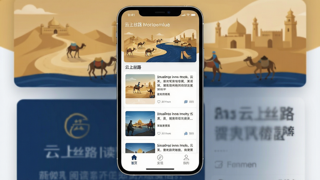 手机屏幕竖版构图,画面中央展示一款名为“云上丝路”的资讯阅读应用主界面,顶部是丝绸之路主题的插画横幅,中间为图文资讯卡片流,底部有首页、发现、我的三个导航标签,整体配色以沙土金与深蓝为主,风格简洁现代,细节干净,画质清晰无多余元素
