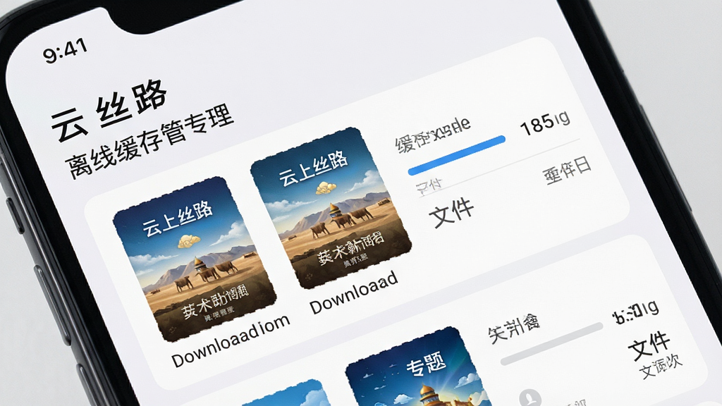 手机界面特写,展示“云上丝路”应用的离线缓存管理页面,列表中有多个已下载的专题封面缩略图,右侧显示缓存进度与文件大小,背景为浅色卡片式布局,风格清爽扁平,画质干净无杂乱元素
