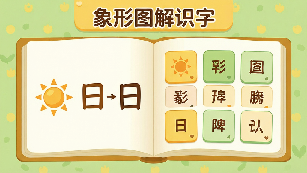 象形图解识字软件主界面全貌展示,画面中央是一本翻开的电子绘本,左侧页面展示太阳的象形图案演变成汉字“日”的动画过程,右侧页面排列着分类清晰的识字卡片,顶部有“象形图解识字”字样标题,整体采用暖黄色和浅绿色搭配的儿童友好色调,布局简洁明快,风格为扁平化卡通插画,细节圆润柔和,画质干净清晰,无多余装饰元素