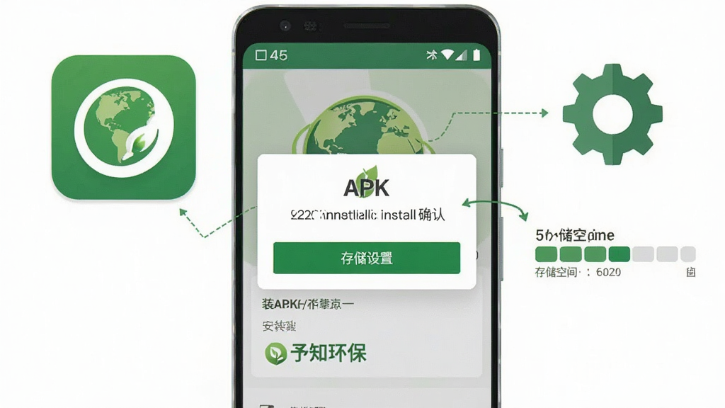 一张手机应用安装界面示意图,画面展示安卓手机屏幕上的APK安装确认弹窗,背景是“予知环保”软件图标和绿色地球标志,旁边有权限设置齿轮图标和存储空间指示条,整体风格为扁平化信息图,配色以绿色和白色为主,布局清晰直观,画质干净整洁,无多余装饰
