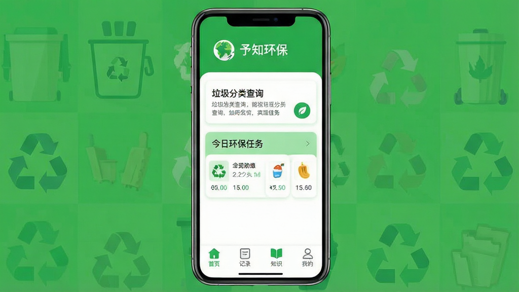 一张手机应用界面展示图,画面中央是名为“予知环保”的APP主界面,顶部显示绿色地球图标和软件名称,中间是垃圾分类查询框和今日环保任务卡片,底部导航栏有首页、记录、知识、我的四个图标,整体采用清新绿白配色,扁平化设计风格,布局清晰简洁,画质干净明亮,无多余装饰元素