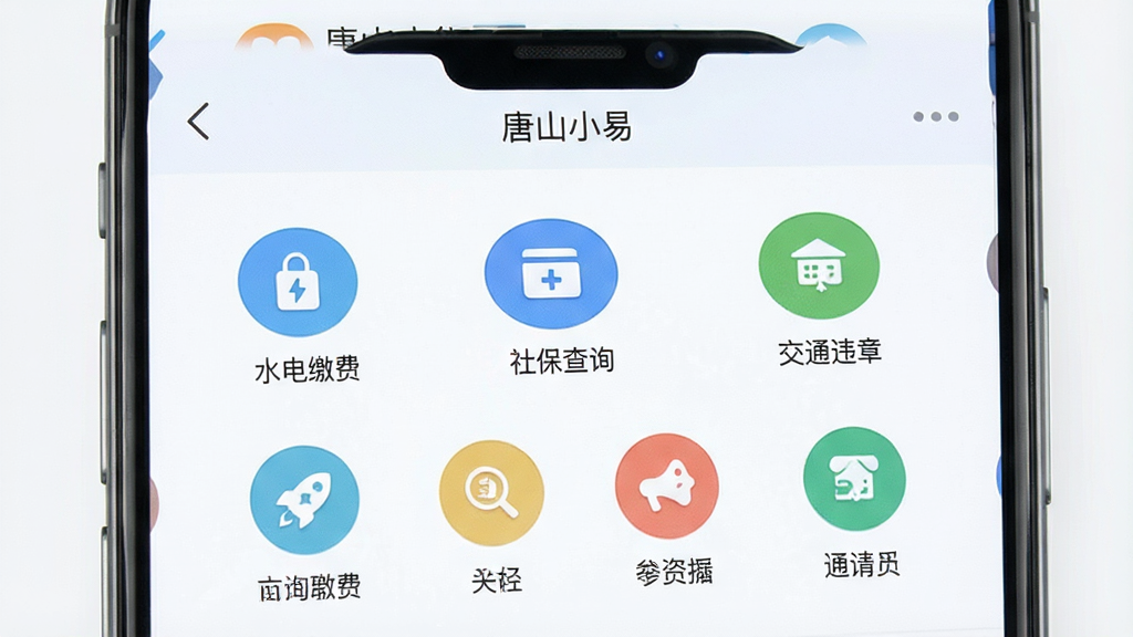 һ���ֻ�Ӧ�ù���չʾͼ���������ֻ���Ļ��ʾ����ɽС�ס�APP�ı������ҳ�棬ҳ����������ˮ��ɷѡ��籣��ѯ����ͨΥ�µ�Բ��ͼ����ڣ�ͼ���·��ж�Ӧ����˵��������Ϊǳɫ������Ԫ���������룬�����ˬ�����ʸɾ���������Ԫ��