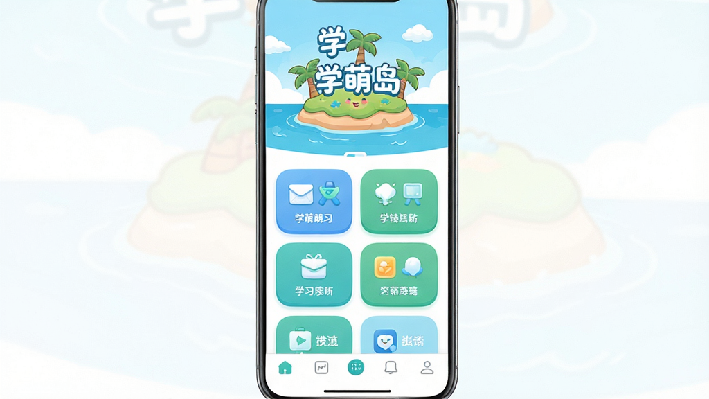 一张展示学萌岛App核心界面的手机截图,画面中央是学萌岛App的首页,顶部有可爱的卡通岛屿插画和“学萌岛”字样,中间是几个圆润的学习模块入口卡片,底部是简洁的导航栏,整体风格清新明快,色彩以蓝绿为主,画质干净清晰,无多余元素