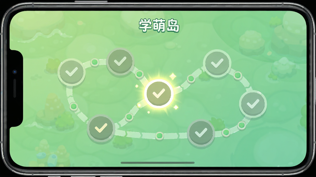 一张学萌岛App学习关卡界面的手机截图,屏幕上显示着“学萌岛”的关卡地图,有多个圆形关卡节点串联成路径,已完成关卡显示对勾,当前关卡高亮闪烁,背景是柔和的渐变绿色,画质干净,布局清晰