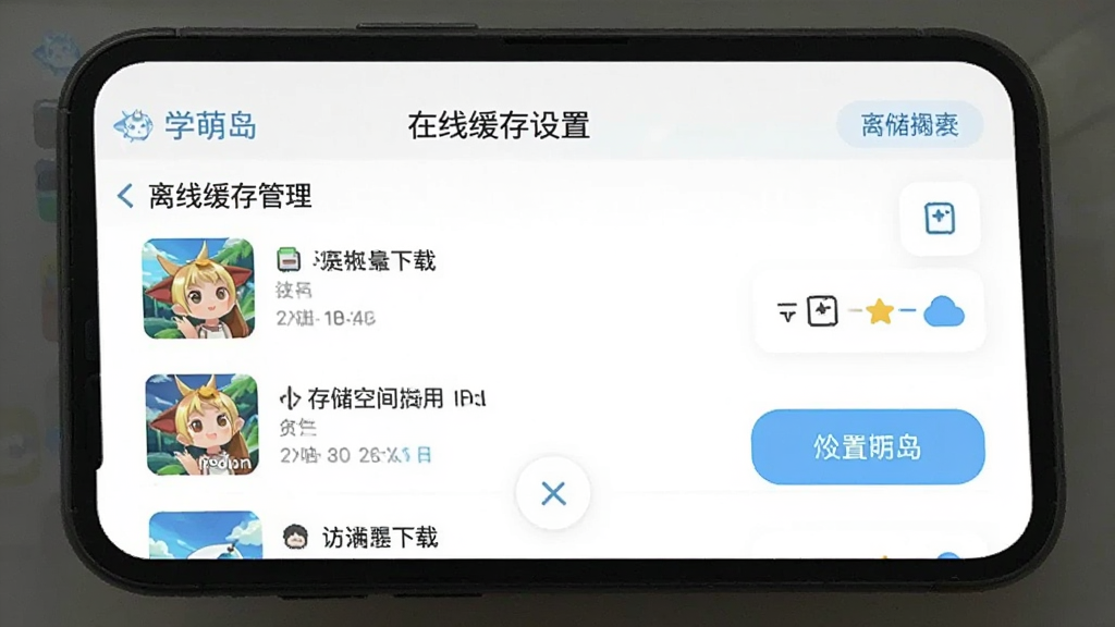 一张学萌岛App设置界面的手机截图,画面中显示“学萌岛”的离线缓存管理页面,列表里有已下载的内容条目和存储空间占用提示,界面以白色和浅蓝色为主,按钮圆润,文字清晰,风格简洁现代