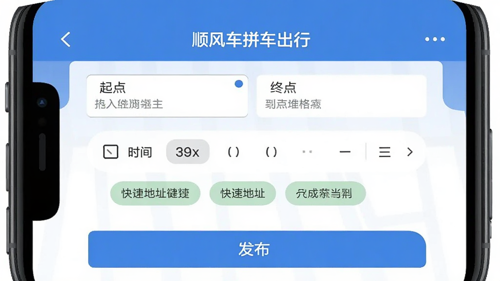 一张AI生成的手机界面图,展示“顺风车拼车出行”的行程发布页面,页面上有起点终点输入框、时间选择器和快捷地址标签,下方是发布按钮,界面布局简洁,文字标签明确,风格现代扁平,画质干净无多余元素