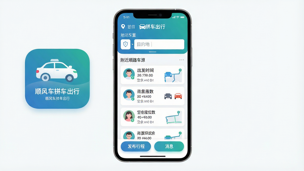 一张手机应用界面展示图,画面中央是“顺风车拼车出行”的应用图标和主界面,界面顶部显示当前位置和目的地输入框,中间是附近顺路车源的列表卡片,每张卡片上有车主头像、出发时间、空余座位数和路线信息,底部是发布行程和消息两个按钮,整体布局清晰,蓝绿色调为主,风格现代扁平,细节圆润,画质干净无多余元素