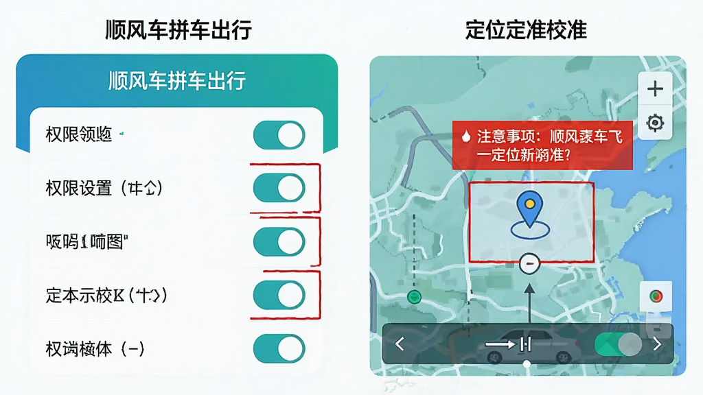 一张AI生成的操作指引图,展示“顺风车拼车出行”的权限设置页面和定位校准界面,左侧是权限开关列表,右侧是地图定位微调示意图,画面中有红色标注框提示注意事项,风格简洁直观,蓝绿色调,画质干净无多余元素