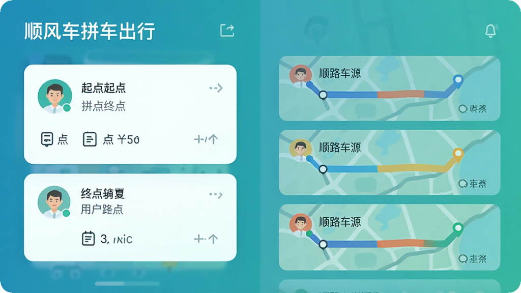 一张AI生成的场景图,画面中展示“顺风车拼车出行”的路线匹配界面,左侧是用户发布的起点终点信息卡片,右侧是三条匹配到的顺路车源路线图,用不同颜色标注重合路段,界面风格简洁清爽,蓝绿色调,画质干净无多余元素