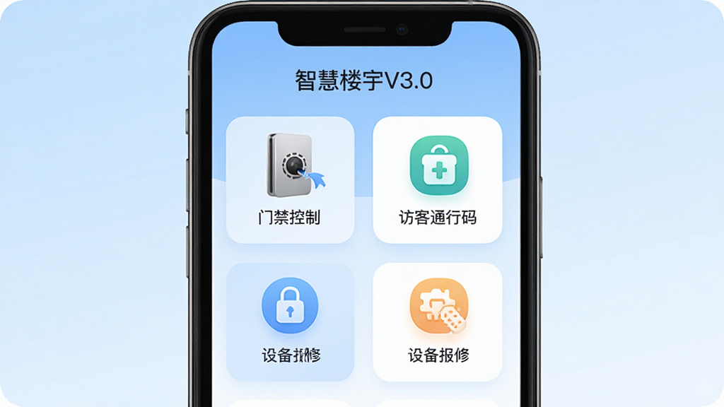 一张手机应用界面展示图,画面中央是“智慧楼宇V3.0”的主界面,背景为浅蓝色渐变,界面中清晰展示门禁控制、访客通行码、设备报修三个功能模块图标,排版整齐,风格为现代扁平化设计,细节圆润,画质干净清晰,无多余元素