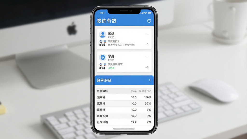 一张展示“教练有数”学员档案与账单管理界面的手机样机图,画面中手机屏幕分为上下两部分,上半部分显示学员信息卡片列表,下半部分显示账单明细表格,界面布局清晰,风格现代扁平,配色蓝白为主,画质干净,无多余元素