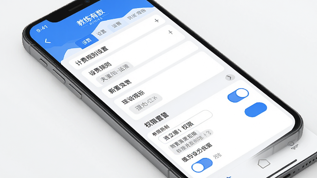一张展示“教练有数”APP设置与规则配置界面的手机样机图,画面中手机屏幕显示计费规则设置表单和权限开关列表,布局规整,风格现代扁平,配色蓝白为主,画质干净,无多余元素