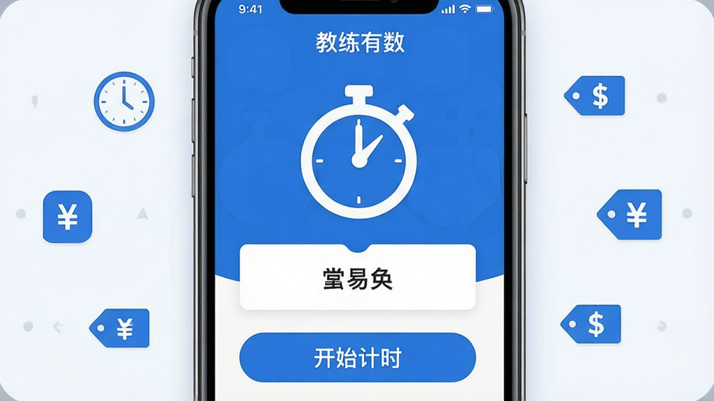 一张展示“教练有数”计时收费功能界面的手机截图风格图,画面中手机屏幕中央显示醒目的计时器图标和学员姓名卡片,下方有“开始计时”按钮,周围环绕时钟、费用标签等小图标,布局简洁,风格现代扁平,配色蓝白为主,画质干净,无多余元素