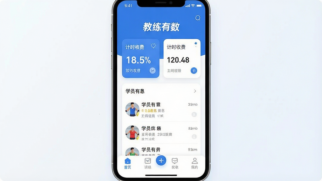 一张展示“教练有数”APP核心界面的手机样机图,画面中央是手机屏幕,屏幕内显示APP主界面,顶部有“教练有数”文字标识,中间区域展示计时收费卡片和学员列表,底部为功能导航栏,整体布局清爽,风格现代扁平,配色以蓝白为主,细节圆润,画质干净清晰,无多余元素