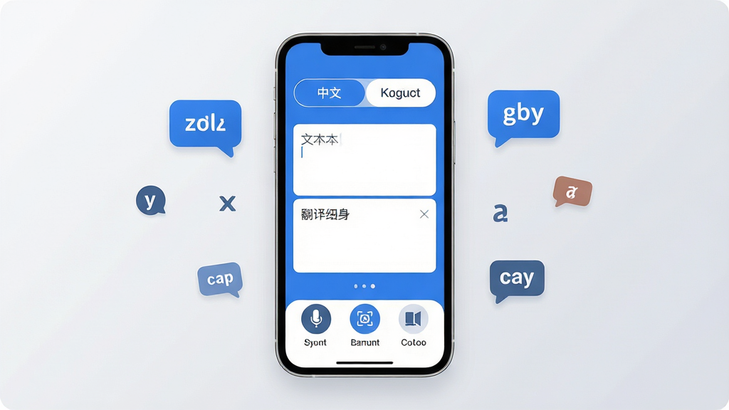 语言翻译官App主界面全貌展示,手机屏幕居中放置,屏幕内显示简洁的蓝白配色翻译工具界面,顶部有语言选择栏中文与英文互换按钮,中间是文本输入框和翻译结果展示区,下方排列语音翻译、拍照翻译、历史记录三个功能图标,背景为浅灰色渐变,周围点缀少量翻译气泡和语言符号元素,风格现代扁平化,细节圆润,画质干净清晰,无多余装饰元素