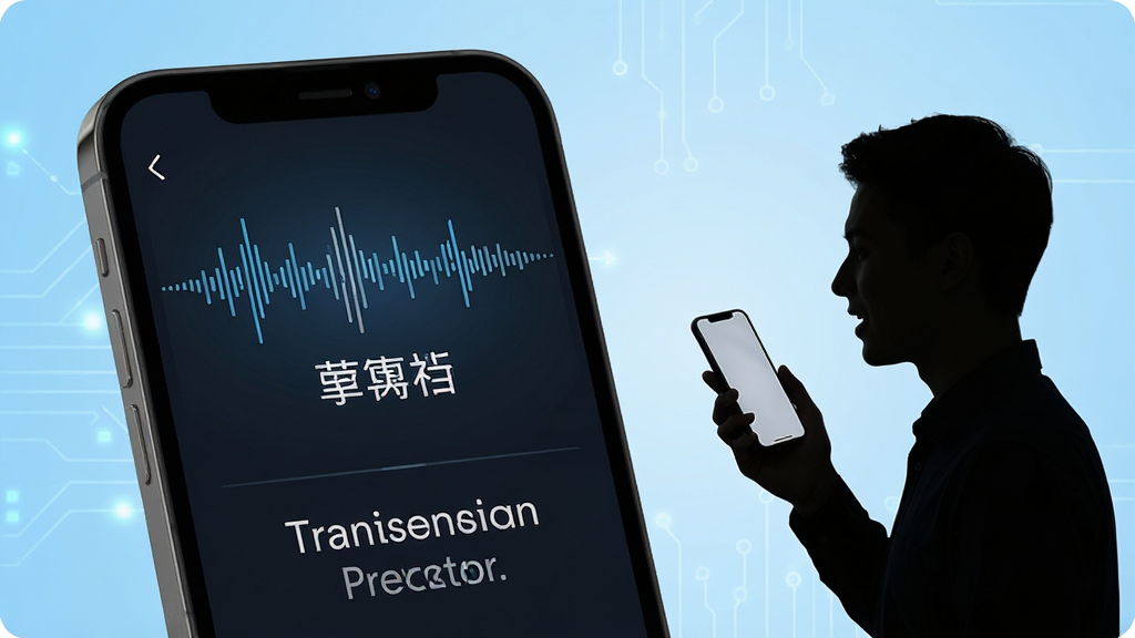 语言翻译官语音翻译功能展示,手机屏幕特写,界面中央显示声波波形动画和正在识别的中文文字,下方显示英文翻译结果,屏幕旁边有一位用户手持手机说话的剪影,背景为浅蓝色科技感渐变,风格简洁现代,画质干净无杂乱元素