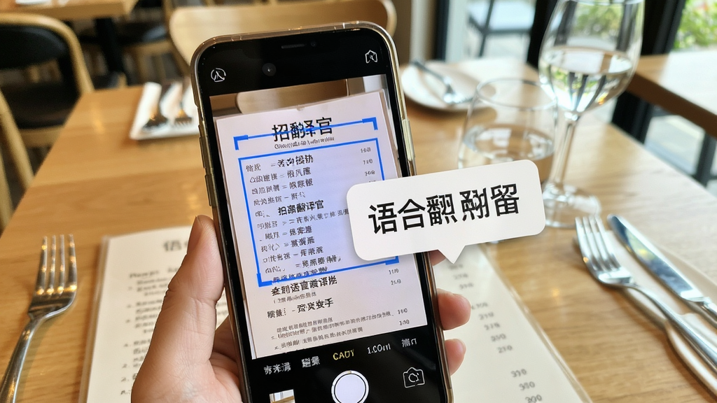 语言翻译官拍照翻译功能场景图,手机摄像头对准一份外文菜单,屏幕内显示菜单文字被蓝色方框圈选并浮出中文翻译结果,背景为餐厅桌面环境,风格写实清新,画质明亮干净,无多余人物干扰