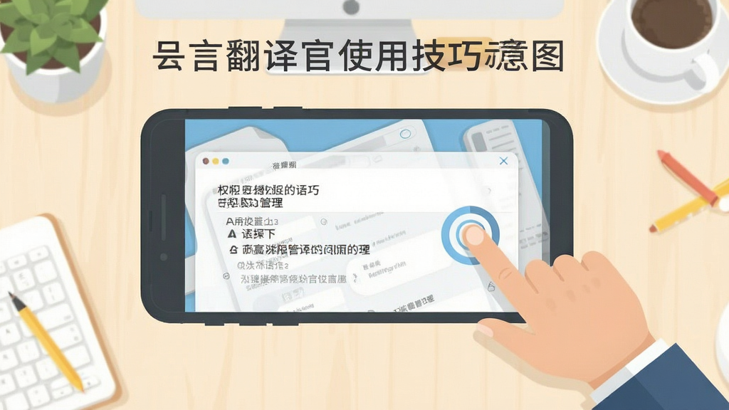 语言翻译官使用技巧示意图,手机屏幕显示设置界面中的权限管理选项,旁边有手指点击操作的示意手势,背景为浅色办公桌面,风格扁平化信息图样式,画质清晰干净,文字标签明确