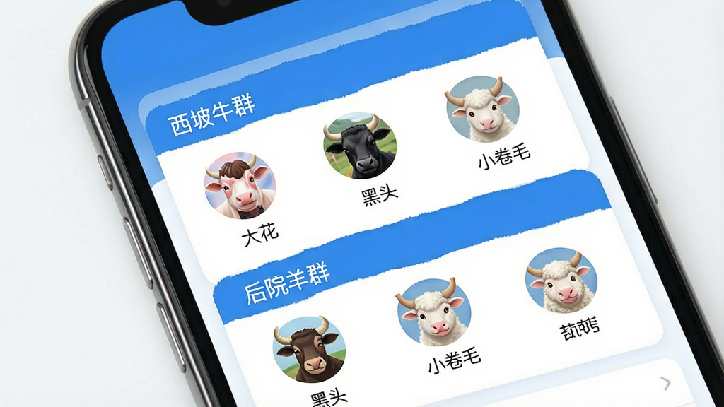寻踪定位多设备分组管理界面展示图,画面是一部手机的屏幕特写,屏幕上显示着分组列表,分为“西坡牛群”和“后院羊群”两个分组,每个分组下面有若干个头像图标,分别标注着“大花”“黑头”“小卷毛”等名字,界面设计简洁,以蓝白色调为主,背景干净,画质清晰,无多余元素