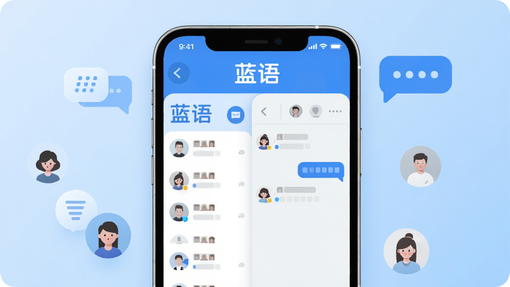 一张展示蓝语聊天软件主界面的手机样机图,画面中央是手机屏幕显示蓝语聊天列表和对话框,顶部有蓝语字样,背景是浅蓝色渐变,周围点缀聊天气泡和联系人头像图标,风格简洁现代扁平化,细节圆润,画质干净清晰,无多余元素