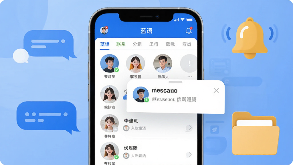 蓝语应用功能亮点示意图,画面展示手机屏幕中蓝语的联系人分组界面与消息通知弹窗,配以聊天气泡、铃铛图标和存储文件夹图标,布局清晰有层次,风格清爽扁平,细节圆润,画质干净明亮,无多余装饰