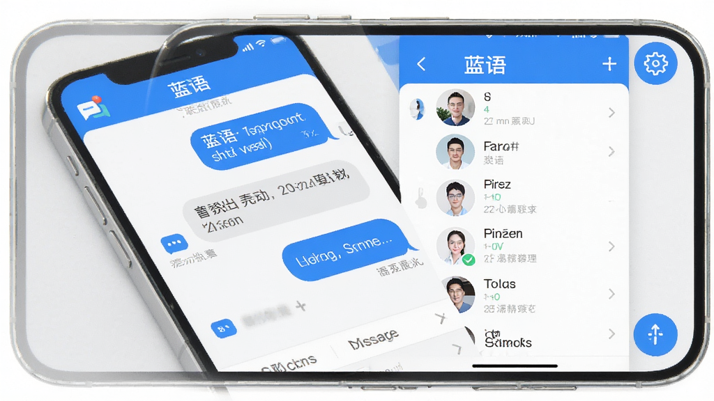 蓝语软件聊天界面功能展示图,画面中一部手机显示蓝语的对话窗口和联系人列表,界面以蓝白配色为主,气泡对话清晰可见,旁边有消息图标和设置齿轮图标,整体布局整齐,风格现代简约,画质干净无杂乱元素