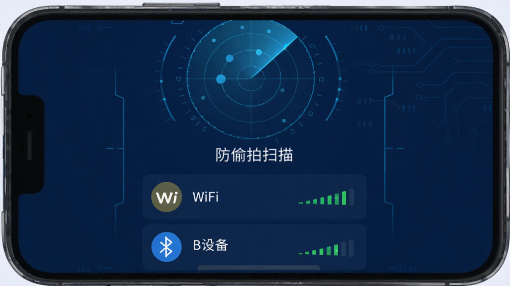 手机屏幕中央显示“防偷拍扫描”App主界面,界面为深蓝色科技感背景,上方是雷达扫描动画,下方列出附近WiFi和蓝牙设备列表,旁边有信号强度指示条,画面干净整洁,扁平化UI设计,细节清晰,画质高清无多余元素