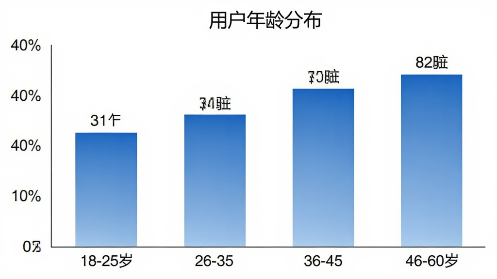 柱状图展示“防偷拍扫描”用户年龄段分布,横轴为18-25岁、26-35岁、36-45岁、46-60岁四个区间,纵轴为用户占比百分比,柱子为蓝色渐变,图表标题为“用户年龄分布”,背景干净白色,数据标签清晰,画质高清