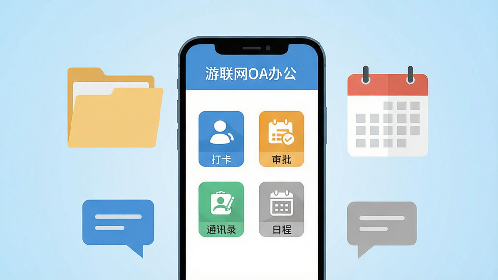 һ��չʾ�ƶ��칫�����Ĳ廭������������һ�������ֻ�����Ļ��ʾ��������OA�칫����Ӧ�������棬�����򿨡�������ͨѶ¼���ճ��ĸ�����ͼ�꣬�ֻ���Χ�������ļ��С��������Ի����ݵȰ칫Ԫ�أ�����Ϊǳ��ɫ���䣬������ƽ��ϸ�ڸɾ��������������޶���Ԫ��