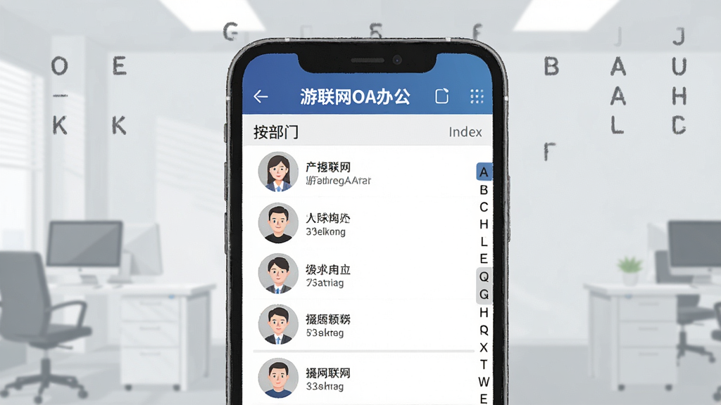һ��չʾ��ҵͨѶ¼����Ĳ廭���ֻ���Ļ����ʾ��������OA�칫����ͨѶ¼ҳ�棬�����ŷ����г���ϵ��ͷ����������Ҳ�����ĸ������������Ϊǳ��ɫ�칫��������������񣬻��������ɾ�