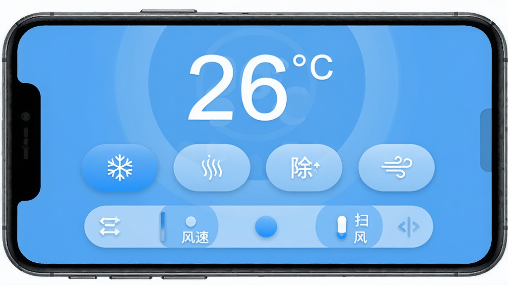 ����ң���ֻ�����App�Ŀյ�ң�ؽ��棬�ֻ���Ļ��ʾ����¶����֡�26��C�����·������䡢���ȡ���ʪ���ͷ�ģʽ��ť�����·��Ƿ��ٺ�ɨ�������������������ɫΪ��ɫ������ťԲ�󣬲���ֱ�ۣ������ˬ�����ʸɾ����޶���Ԫ��