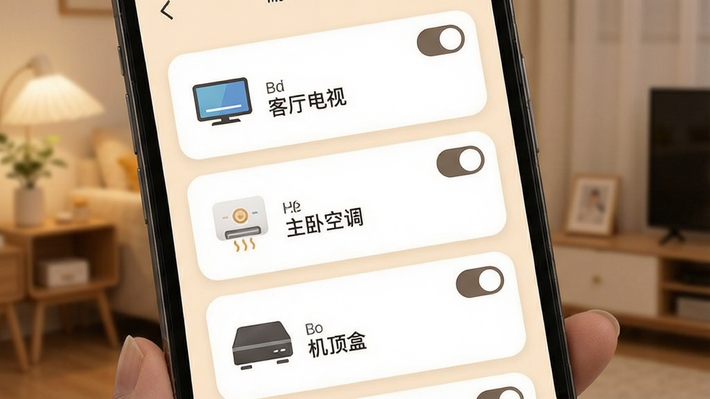 ����ң���ֻ�����App�Ķ��豸�������棬�ֻ���Ļ��ʾ�豸��Ƭ�б���ÿ�ſ�Ƭ�����豸���ƺ�ͼ�꣬�硰�������ӡ������Կյ����������С�����Ƭ���Ͻ��п��ذ�ť��������ǳɫ����Ϊ������ƬԲ����ƣ������ܰ�Ӽң����ʸɾ����޶���Ԫ��