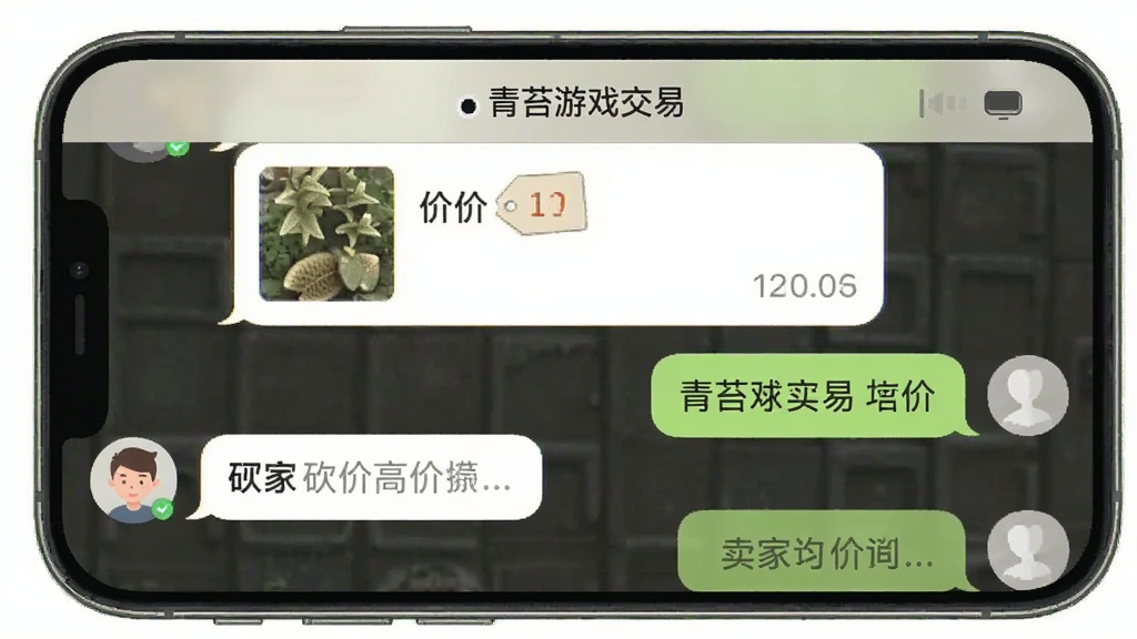 手机聊天界面模拟图,展示“青苔游戏交易”APP内的议价对话窗口,左侧是买家头像与砍价文字气泡,右侧是卖家回复气泡,上方显示商品缩略图与价格标签,风格为简约社交软件布局,配色柔和,画质干净,文字清晰无多余装饰