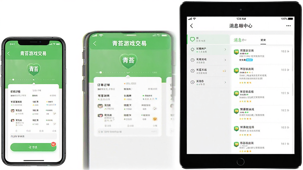 手机与平板设备并排展示“青苔游戏交易”APP的订单详情页与消息中心页面,画面中有时间轴记录与分栏消息列表,风格为教程类配图的清晰排版,配色明亮,画质干净无杂乱背景