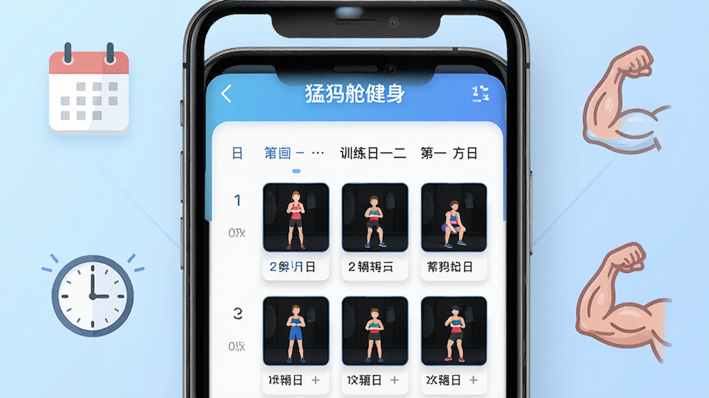 �ֻ���Ļ��дչʾ����ս���App����ѵ���ƻ�ҳ�棬�����������ֻ�����Ļ����ʾһ��ѵ���ճ̱��Ͷ�������ͼ������Ϊ����ɫ���䣬��Χ��׺����ͼ�ꡢʱ��ͼ��ͼ���������ͼ�����ּ�����ˣ����Ƽ��б�ƽ����ϸ�ھ��£����ʸ���ɾ��޶���Ԫ�أ�ͼƬ�����ְ���������ս�����