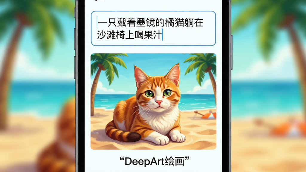 һ��չʾDeepArt�滭����ͼ���ܵĽ���廭��������һ���ֻ���Ļ����ʾ���ı����������д�š�һֻ����ī������è����ɳ̲���Ϻȹ�֭�����·������ɺõĶ�Ӧ���棬�����·������ű�ע��DeepArt�滭�����������½ṹ��������»��ã�ϸ�����������ʸɾ����޶���Ԫ��